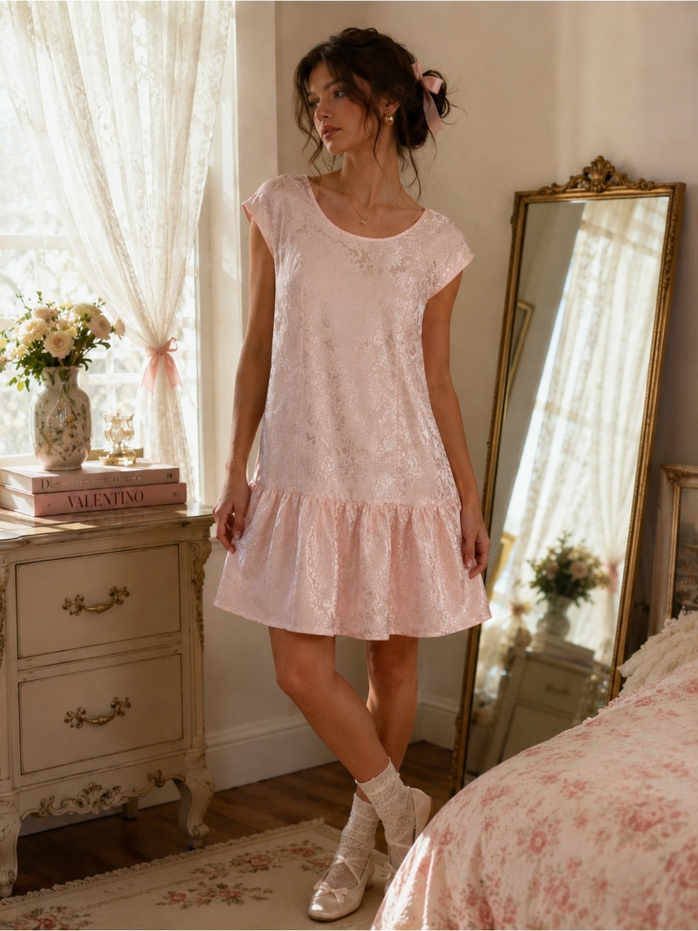 80s Vintage Pink Jacquard Drop Waist Dress | Coquette | Balletcore